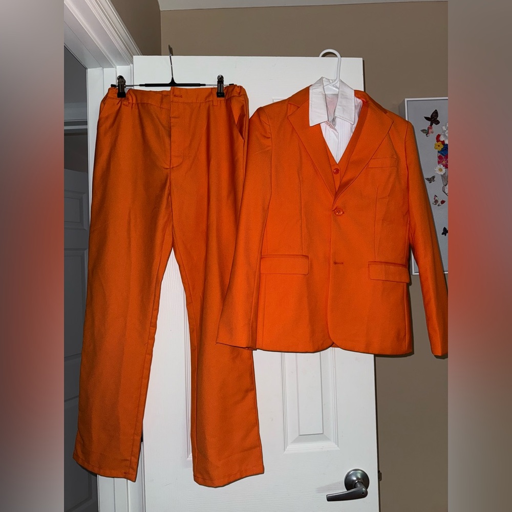 Boys 14 Orange Suit 4 piece white dress shirt vest pants wedding - Picture 2 of 9